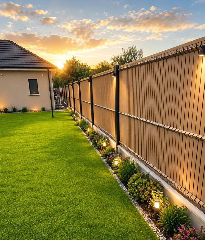 Cloture composite brun clair eclairage soiree jardin villa