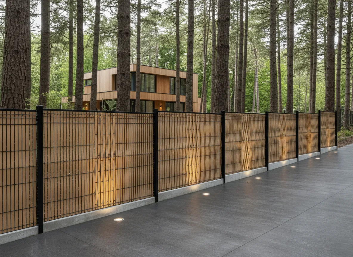 Cloture composite tressee bois naturel eclairage sol chalet