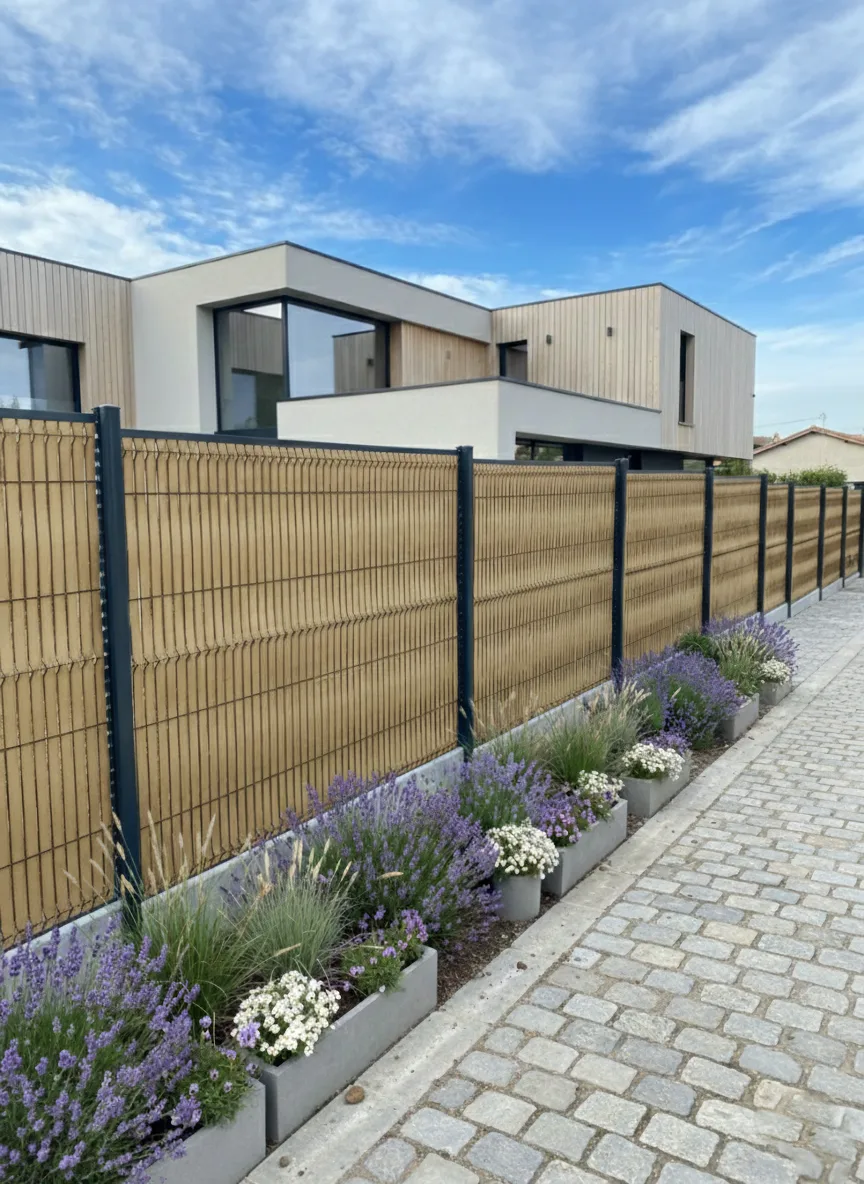 Cloture composite tressee brun clair maison moderne massif fleurs
