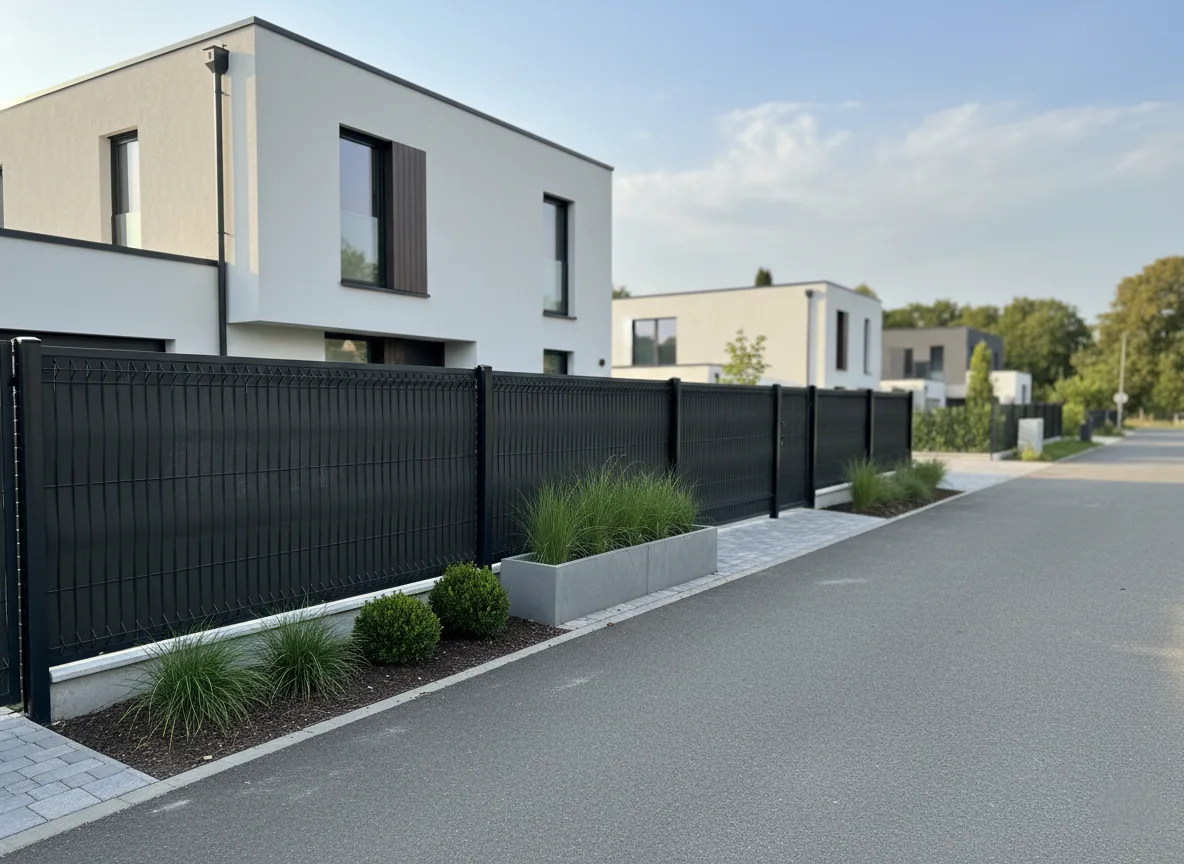 Cloture composite tressee gris anthracite allee maison contemporaine